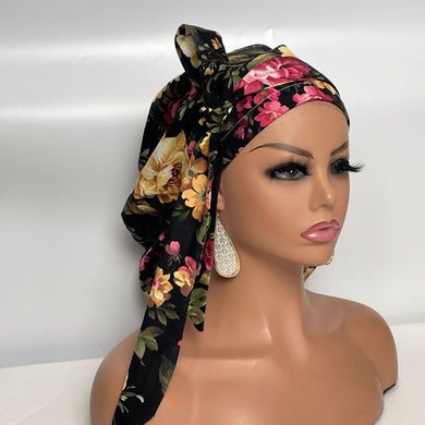 Ponytail PONY SCRUB CAP, black floral cotton fabric surgical scrub hat pony nursing caps and satin lining option for locs /Long Hair