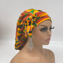 Load image into Gallery viewer, Ponytail Ankara PONY SCRUB CAP, Kente cotton fabric surgical scrub hat pony nursing caps and satin lining option for locs /Long Hair