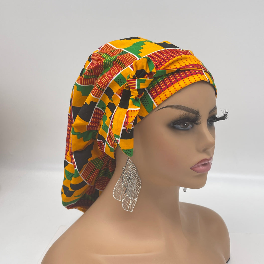 Ponytail Ankara PONY SCRUB CAP, Kente cotton fabric surgical scrub hat pony nursing caps and satin lining option for locs /Long Hair