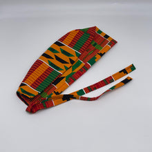 Load image into Gallery viewer, Red yellow green and Black kente unisex pixie Men surgical SCRUB HAT CAP, nursing caps, tie back cap, satin lining option African print hat
