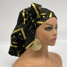 Load image into Gallery viewer, Ponytail PONY SCRUB CAP, black and metallic gold stars cotton fabric surgical scrub hat nursing caps, satin lining option for long hair