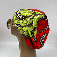 Load image into Gallery viewer, Niceroy surgical SCRUB HAT Cap, colorful Ankara Europe style green, Reddish orange African print fabric and satin lining option.