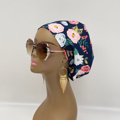 Niceroy Satin LinedSurgical SCRUB HAT CAP, Navy blue  Europe style flowers cotton print fabric Euro hat multicolored floral .