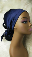 Load image into Gallery viewer, Ponytail Navy Blue  Satin SCRUB HAT CAP, nursing caps,  Pony hat for long hair, locs, braids