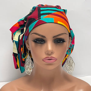 2XL JUMBO PONY SCRUB Cap, Geometric cotton fabric surgical nursing hat satin lining option for Extra long/thick Hair/Locs