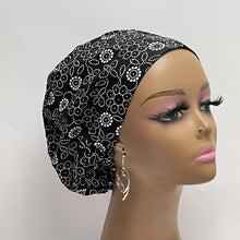 Load image into Gallery viewer, Niceroy Satin Lined Surgical SCRUB CAP black white floral Europe style nursing caps cotton fabric and .