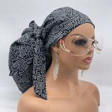 Load image into Gallery viewer, 2XL JUMBO PONY SCRUB Cap, Black Gray cotton fabric surgical nursing hat satin lining option for Extra long/thick Hair/Locs