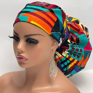 2XL JUMBO PONY SCRUB Cap, Geometric cotton fabric surgical nursing hat satin lining option for Extra long/thick Hair/Locs