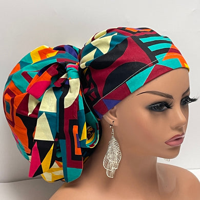2XL JUMBO PONY SCRUB Cap, Geometric cotton fabric surgical nursing hat satin lining option for Extra long/thick Hair/Locs