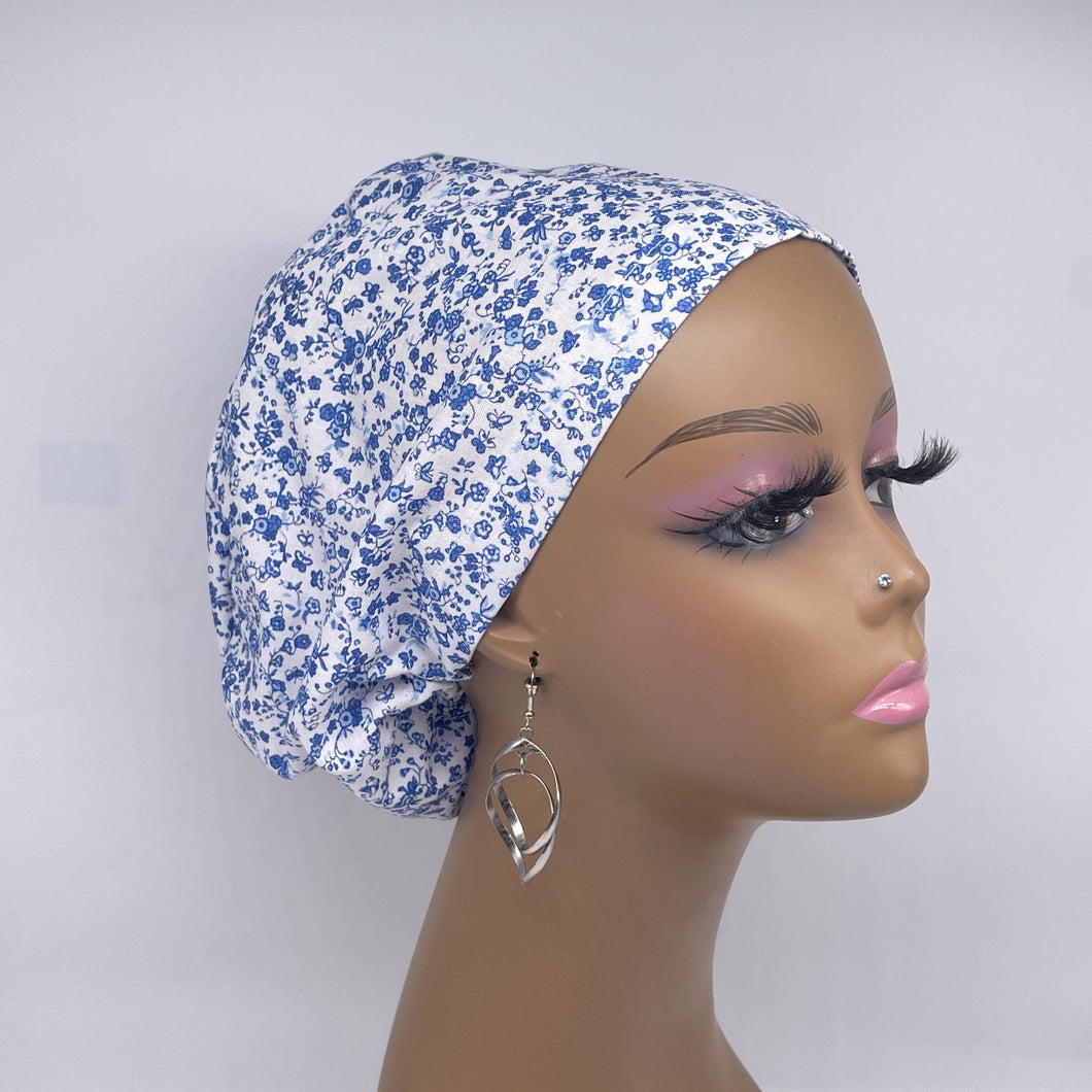 Niceroy Satin Lined SCRUB HAT CAP, Blue and white floral fabric Europe Euro style nursing caps, healthcare hats protective hair covers, nurse gift.