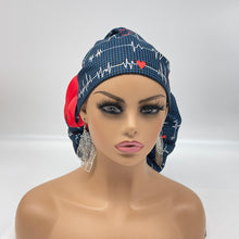 Load image into Gallery viewer, 2XL JUMBO PONY Scrub Cap, EKG  cotton fabric surgical nursing hat and satin lining option for Extra long/thick Hair/Locs