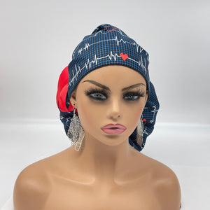 2XL JUMBO PONY Scrub Cap, EKG  cotton fabric surgical nursing hat and satin lining option for Extra long/thick Hair/Locs