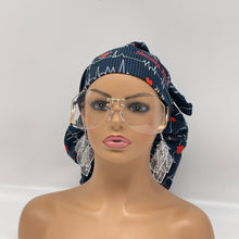 Load image into Gallery viewer, 2XL JUMBO PONY Scrub Cap, EKG  cotton fabric surgical nursing hat and satin lining option for Extra long/thick Hair/Locs