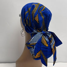 Load image into Gallery viewer, Ponytail SCRUB CAP Royal blue and yellow cotton fabric surgical scrub hat nursing caps, satin lining option for long hair