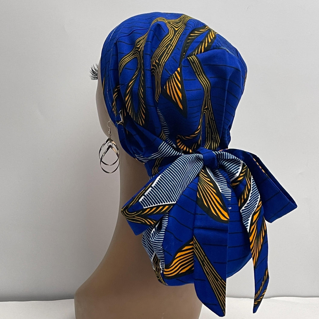 Ponytail SCRUB CAP Royal blue and yellow cotton fabric surgical scrub hat nursing caps, satin lining option for long hair