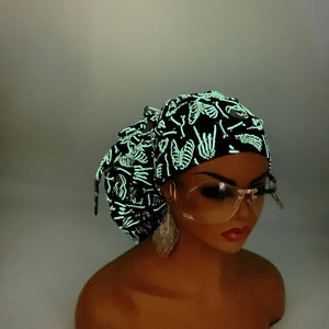 2XL JUMBO PONY SCRUB Cap, Black/Green glow in the dark cotton fabric surgical nursing hat satin for Extra long/thick Hair/Locs