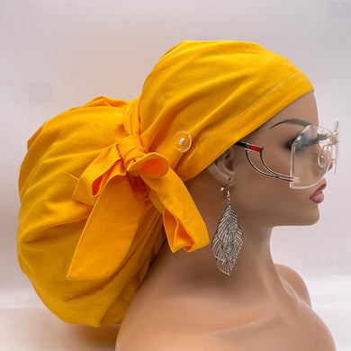 2XL JUMBO PONY SCRUB Cap, solid yellow cotton surgical nursing hat satin lining option for Extra long/thick Hair/Locs
