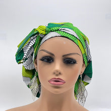 Load image into Gallery viewer, Ankara PONY SCRUB CAP, green and white cotton fabric surgical scrub hat nursing caps and satin lining option for locs /Long