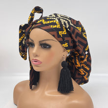 Load image into Gallery viewer, Ponytail PONY SCRUB CAP, Melanin colors Ankara cotton fabric surgical scrub hat pony nursing caps, satin lining option for locs/Long Hair