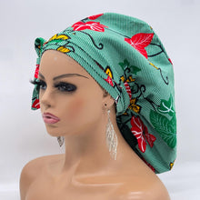 Load image into Gallery viewer, Ponytail SCRUB CAP off  green leaves cotton fabric surgical scrub hat nursing caps, satin lining option for long hair