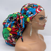 Load image into Gallery viewer, 2XL JUMBO PONY SCRUB cap. Marvel characters cotton fabric surgical nursing hat satin lining option for Extra long/thick Hair/Locs