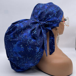 2XL JUMBO PONY SCRUB Cap Navy Blue cotton fabric surgical nursing hat satin lining option for Extra long/thick Hair/Locs