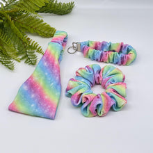 Load image into Gallery viewer, Handmade bullet print Headband, Scrunchie &amp; Keychain Lanyard Set, gradient rainbow