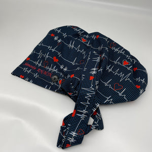 2XL JUMBO PONY Scrub Cap, EKG  cotton fabric surgical nursing hat and satin lining option for Extra long/thick Hair/Locs