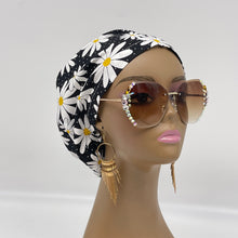 Load image into Gallery viewer, Adjustable surgical OR SCRUB CAP, Black, White and yellow cotton fabric Daisy Europe style Summer nursing caps  and satin lining option.