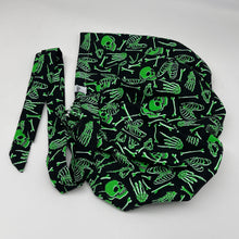 Load image into Gallery viewer, 2XL JUMBO PONY SCRUB Cap, Black/Green glow in the dark cotton fabric surgical nursing hat satin for Extra long/thick Hair/Locs