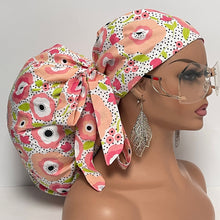 Load image into Gallery viewer, 2XL JUMBO PONY SCRUB Cap, baby pink green off white cotton fabric surgical nursing hat satin lining option for Extra long Hair