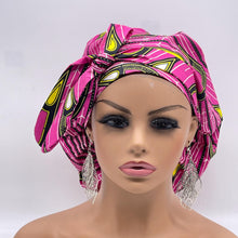 Load image into Gallery viewer, Ponytail PONY SCRUB CAP, pink and yellow Ankara cotton fabric surgical scrub hat nursing caps, satin lining option for locs /Long Hair