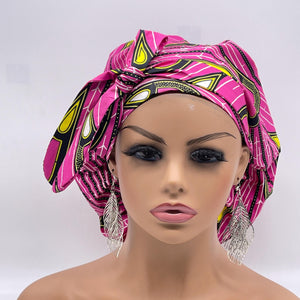 Ponytail PONY SCRUB CAP, pink and yellow Ankara cotton fabric surgical scrub hat nursing caps, satin lining option for locs /Long Hair