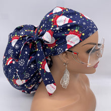 Load image into Gallery viewer, Christmas 2XL JUMBO PONY surgical nursing hat Navy Blue Santa cap satin lining option for Extra long/thick Hair Locs and braids