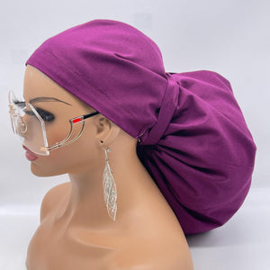 2XL JUMBO PONY SCRUB Cap solid Burgundy magenta cotton fabric surgical nursing hat satin option for Extra long/thick Hair/Locs