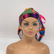 Load image into Gallery viewer, 2XL JUMBO PONY SCRUB Cap,pink, purple Kente cotton fabric surgical nursing hat satin lining option for Extra long/thick Hair/Locs