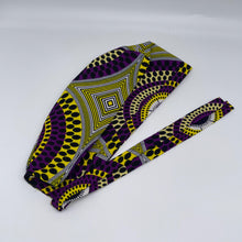 Load image into Gallery viewer, Purple and yellow unisex pixie Men surgical SCRUB HAT CAP, nursing caps, tie back cap, satin lining option African print men scrub cap