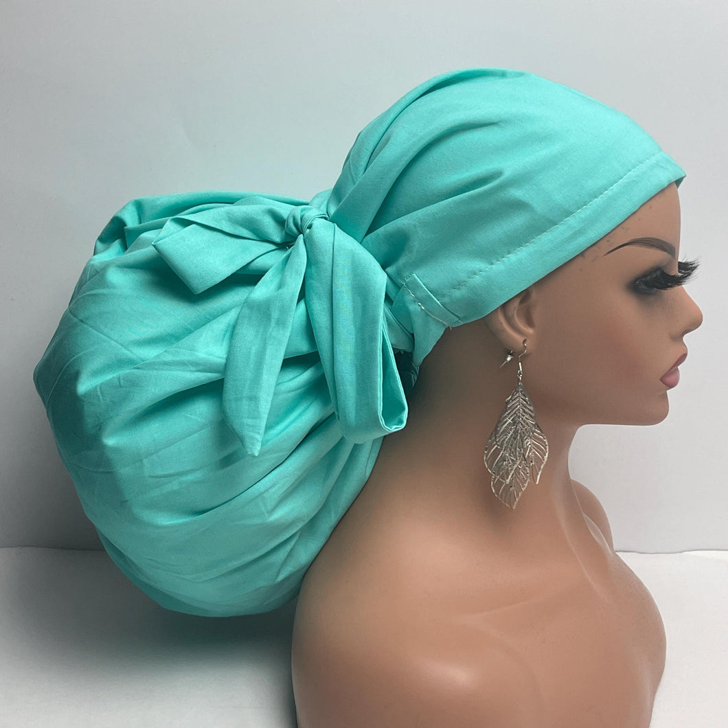 2XL JUMBO PONY SCRUB light teal solid cotton fabric surgical nursing hat satin lining option for Extra long/thick Hair/Locs