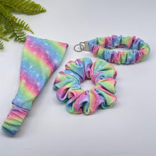 Load image into Gallery viewer, Handmade bullet print Headband, Scrunchie &amp; Keychain Lanyard Set, gradient rainbow