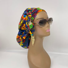 Load image into Gallery viewer, Ponytail All New Flattery Back Pony Hair Cover scrub Hat for long Hair, Braids, Locs. Ankara cotton African print fabric with satin lining