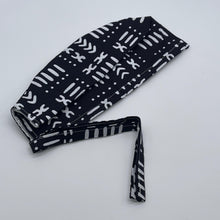 Load image into Gallery viewer, Black and white unisex pixie Men surgical SCRUB HAT CAP, nursing caps, tie back cap, satin lining option African print men scrub cap