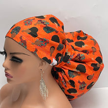 Load image into Gallery viewer, 2XL JUMBO PONY SCRUB Cap, earth orange black women fabric surgical nursing hat satin lining option for Extra long/thick Hair/Locs