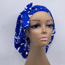 Load image into Gallery viewer, Ponytail hat PONY SCRUB CAP, royal blue white surgical scrub hat pony nursing caps and satin lining option for locs, braid, long hair