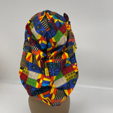 Load image into Gallery viewer, Ponytail All New Flattery Back Pony Hair Cover scrub Hat for long Hair, Braids, Locs. Ankara cotton African print fabric with satin lining