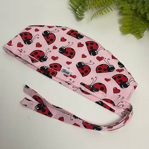 Niceroy Reversible MEN unisex pixie surgical SCRUB HAT Cap,Baby Pink Red Black LadyBug Cotton fabric nursing caps, tie back cap