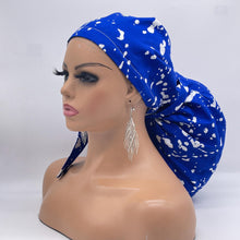 Load image into Gallery viewer, 2XL JUMBO PONY Scrub Cap, Royal blue and white surgical nursing hat and satin lining option for Extra long/thick Hair/Locs