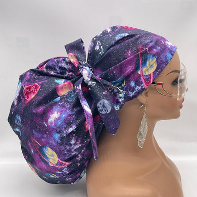 2XL JUMBO PONY SCRUB Cap, purple solar system fabric surgical nursing hat satin lining option for Extra long/thick Hair/Loc