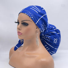 Load image into Gallery viewer, 2XL JUMBO PONY Scrub Cap, Royal blue and white tribal surgical nursing hat and satin lining option for Extra long/thick Hair/Locs