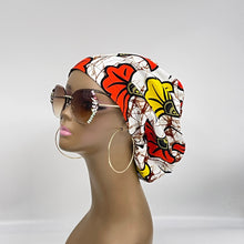 Load image into Gallery viewer, Niceroy Satin Lined surgical SCRUB HAT CAP,  Ankara Europe style nursing caps black yellow orange off white African print fabric and