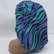 Load image into Gallery viewer, Ponytail Ankara PONY SCRUB CAP, blue cotton fabric surgical scrub hat pony nursing caps and satin lining option for locs /Long Hair